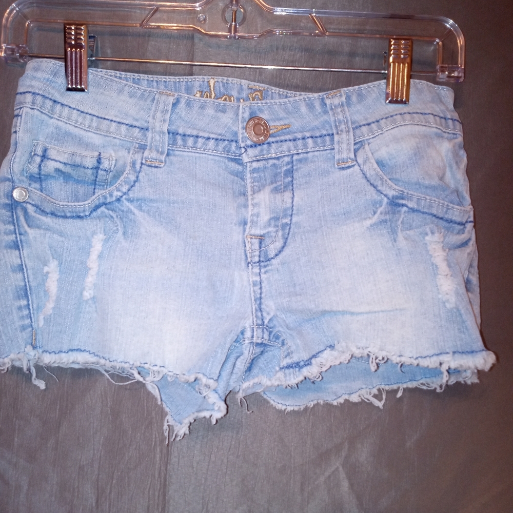 Wallflower light wash distressed cut off junior jeans shorts